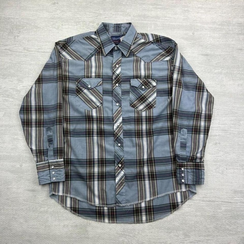 Vintage Wrangler Shirt Mens XL Blue Pearl Snap Long Sleeve Plaid Pockets 16.5/34